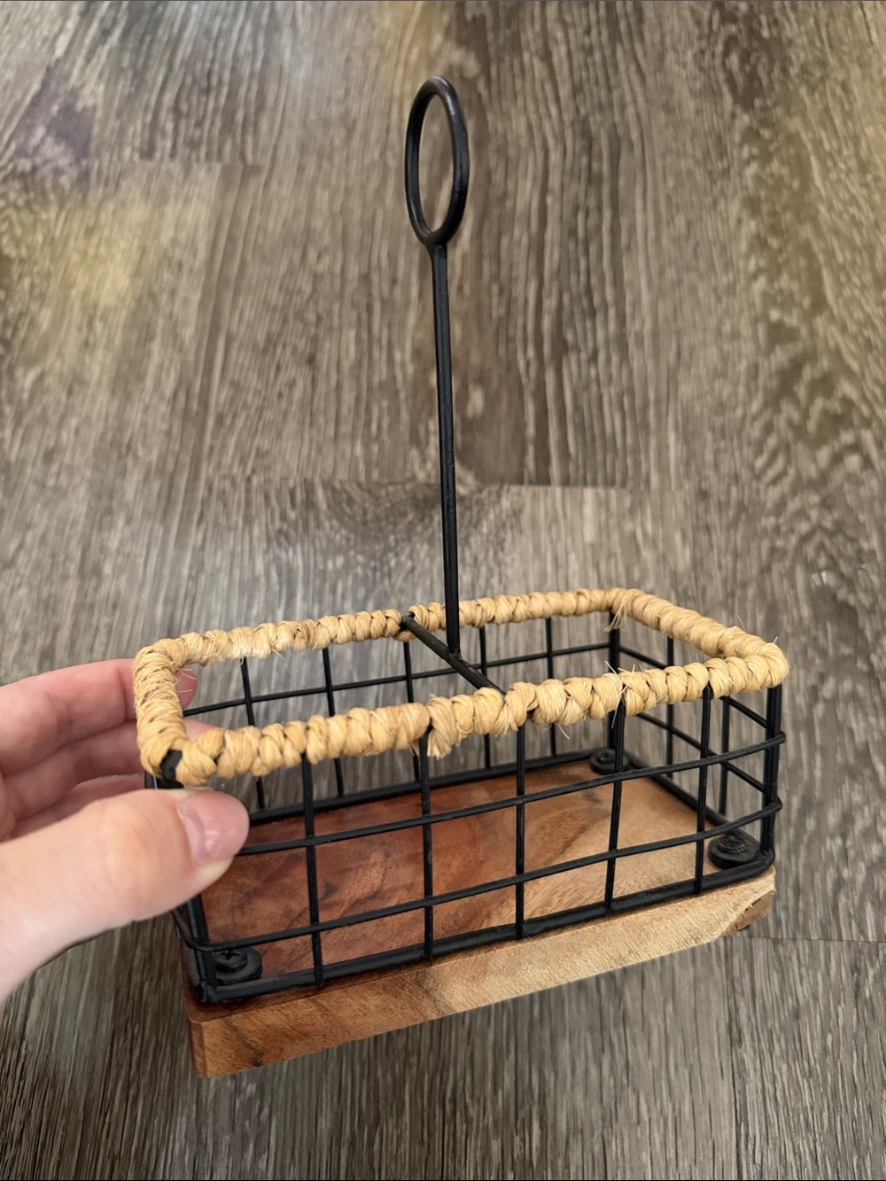 Decorative Black Wire and Natural Rope Basket with Wood Base